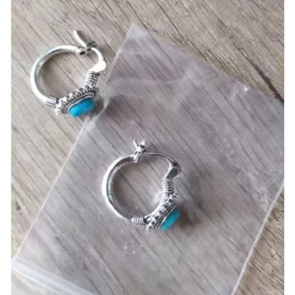 Tibetian silver and turquoise boho small hoop earrings new - Picture 5 of 9